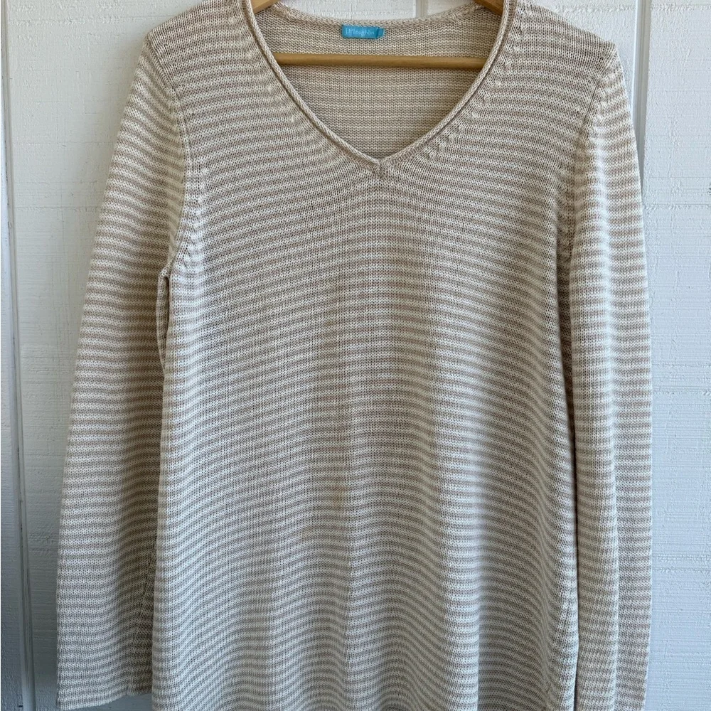 J.McLaughlin Coastal Striped V Neck Split Hem Knit Havana Yarn Sweater Size L